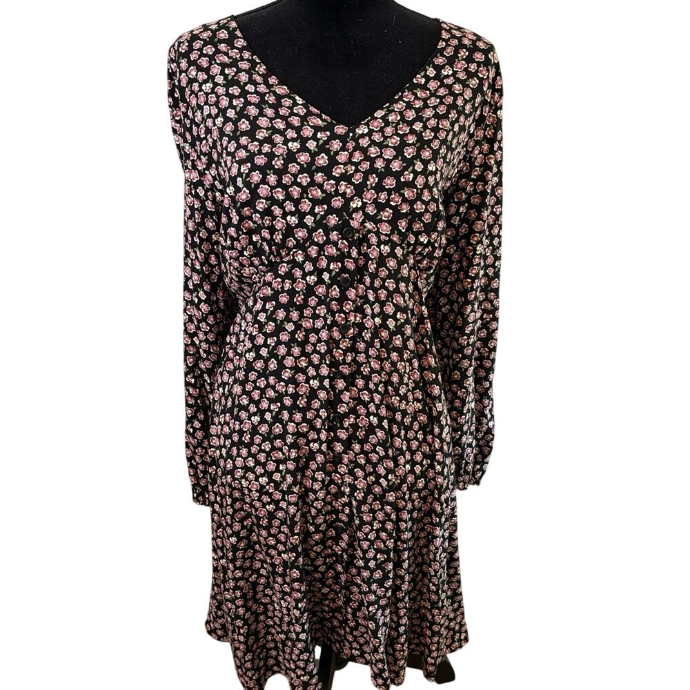 Mason & Belle Floral Long Sleeve Button Front Dress Women’s XXL Black Pink NWT